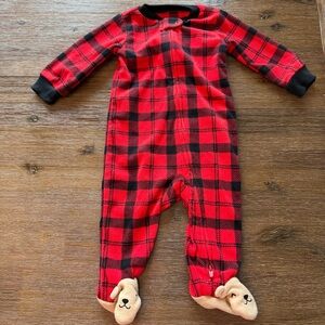 4/20$ Carter's Baby Red & Black Plaid Fleece Footie Sleeper with Bear Feet 6M